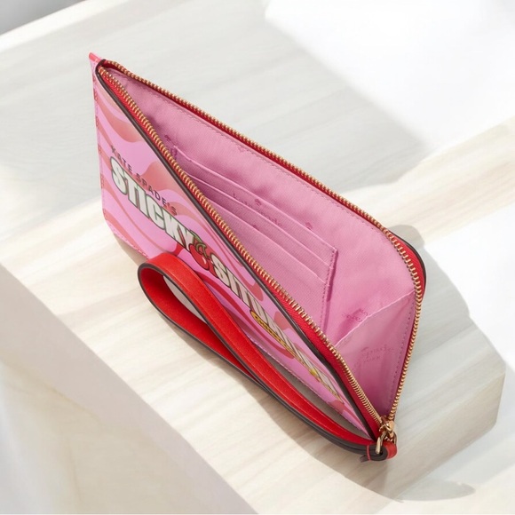 Kate Spade Sticky Situation Red & Pink Smooth Leather Bubble Gum L-Zip Wristlet - Picture 5 of 11